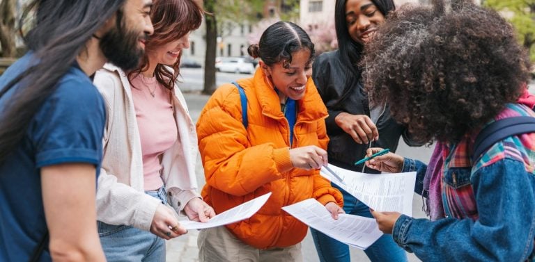 Nonprofit workers talking outside