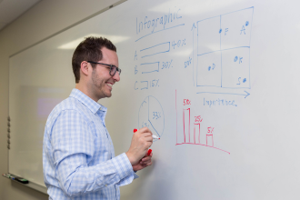 Business man smiling while writing data on whiteboard