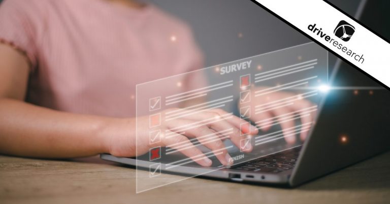 a graphic showing a woman working on a survey with open ended questions on a laptop