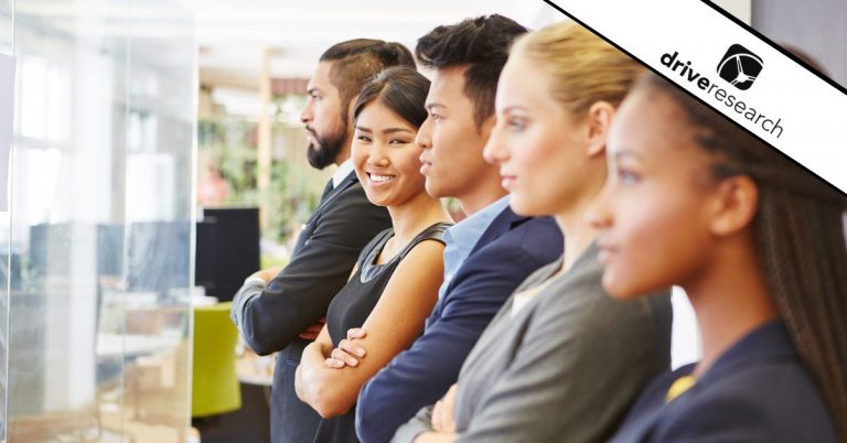 Male and female business employees standing in a line