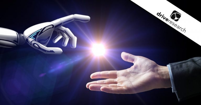 Robot hand reaching to male hand