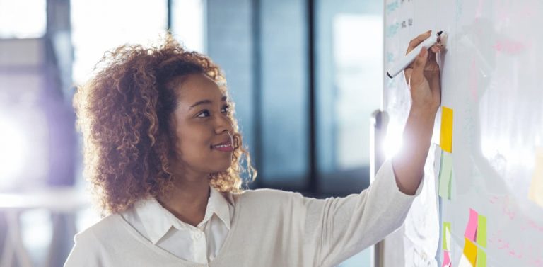 Business woman writing on whiteboard