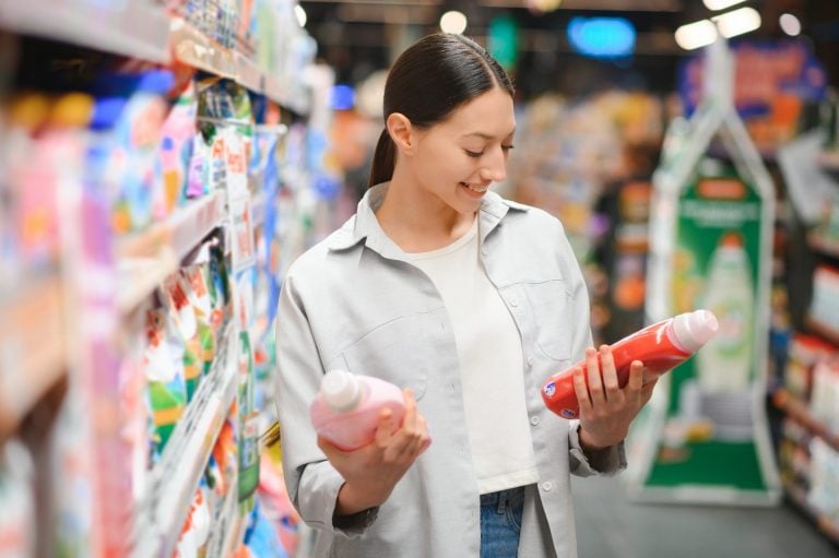 Woman looking at different soap brands