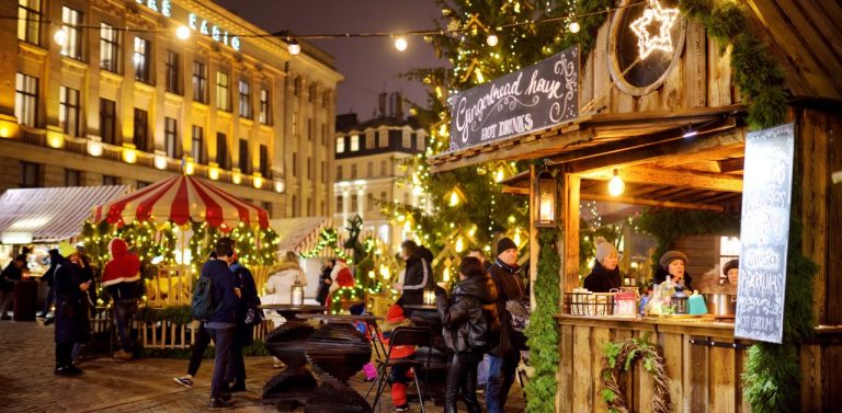 People walking through Christmas market