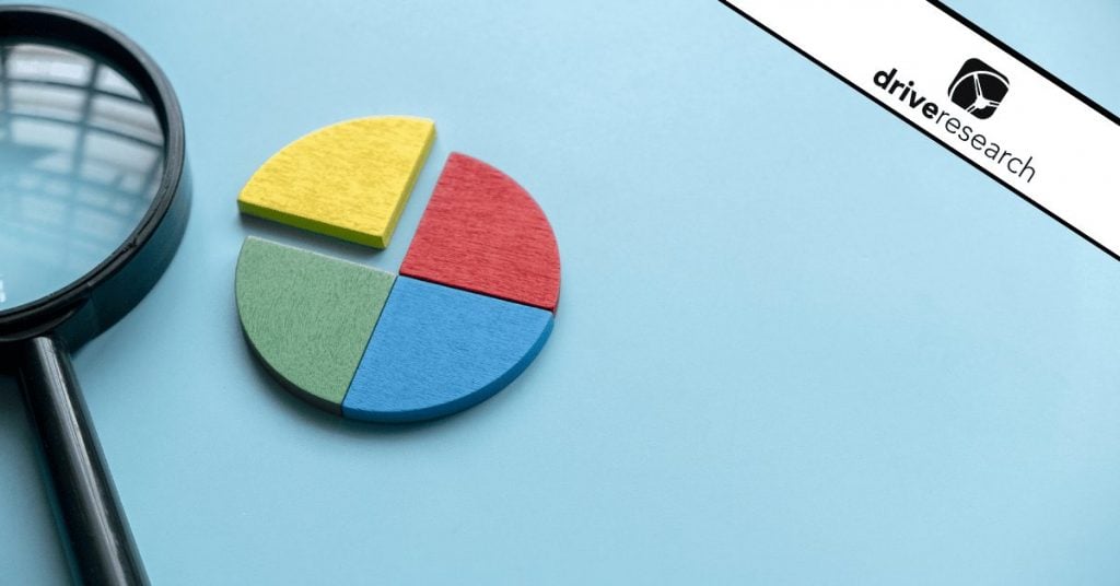 Colorful pie chart with magnifying glass - drive research