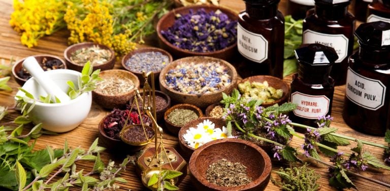 Herbs on wooden table